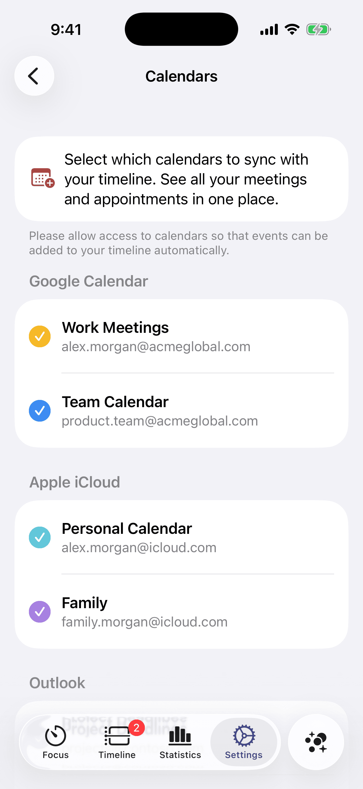 Tempus syncing Google, Apple iCloud and Outlook calendars