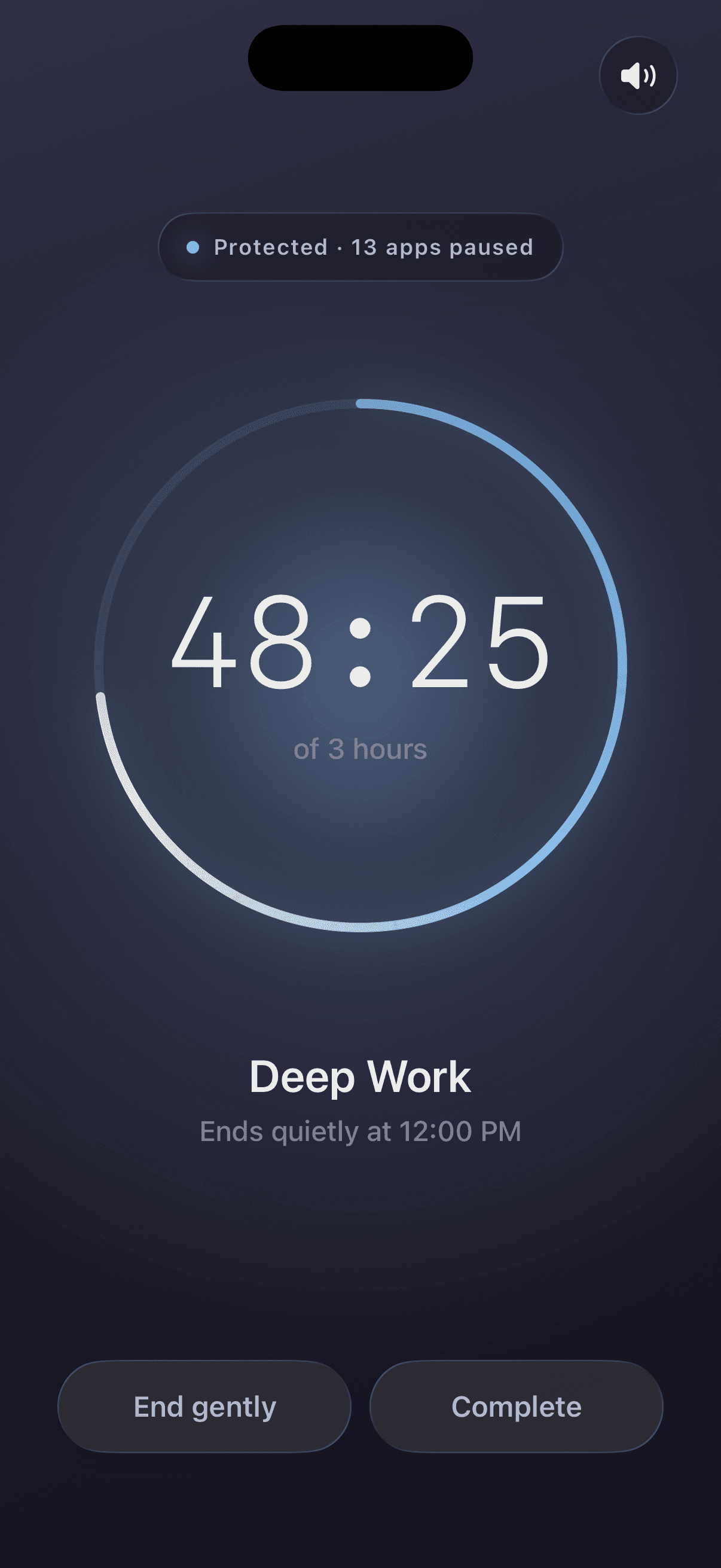 Tempus Focus Mode with a countdown ring and distracting apps paused