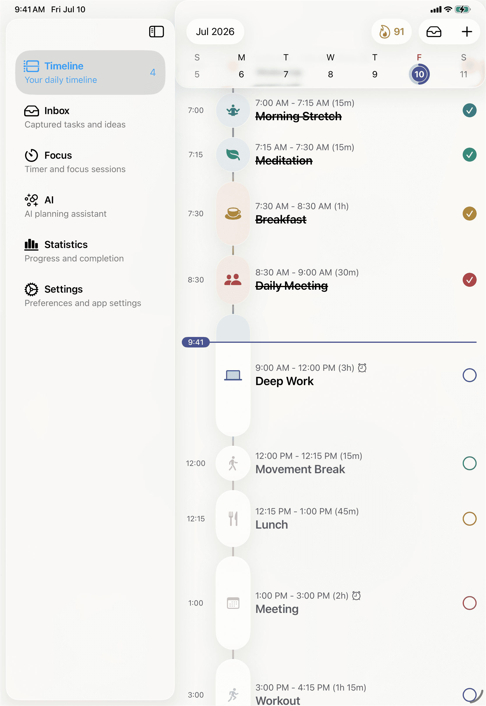 Tempus on iPad, showing the day timeline with more room to think