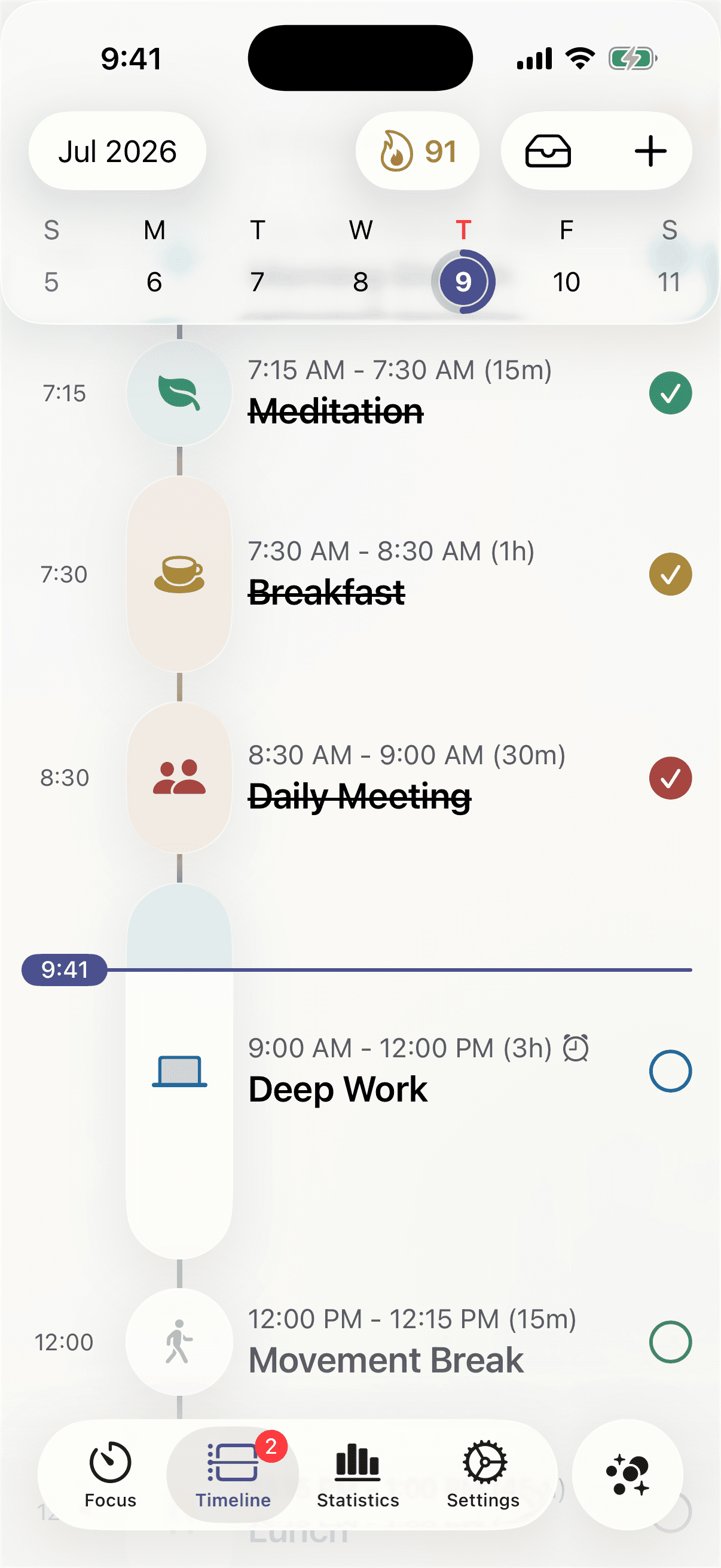 Tempus timeline for the day, with colour-coded tasks and a live now-marker